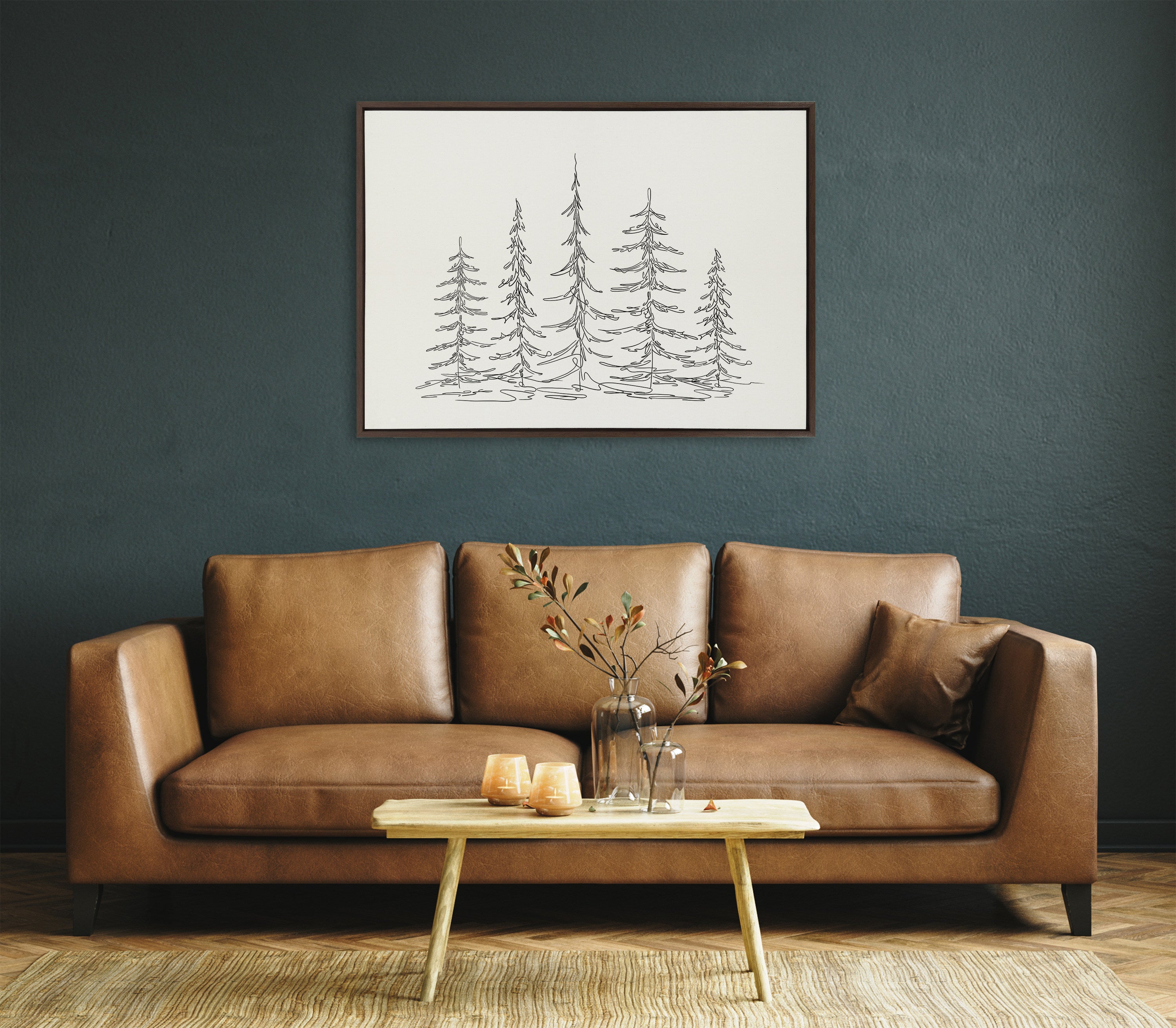 Sylvie Minimalist Evergreen Trees Sketch Framed Canvas by The Creative Bunch Studio