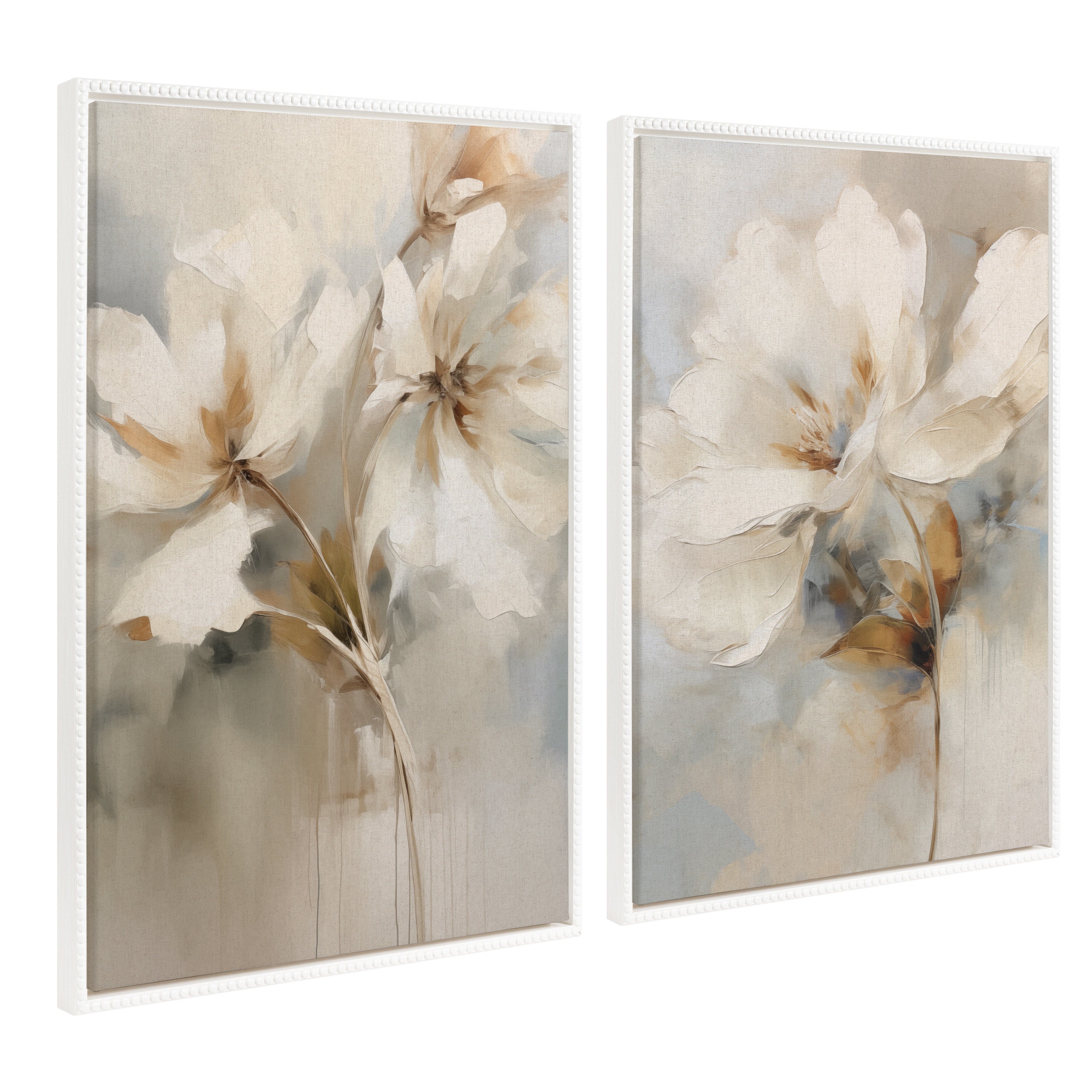 Sylvie Beaded Abstract Botanical Floral Linen Painting 1 and 2 Framed Canvas Art Set by The Creative Bunch Studio