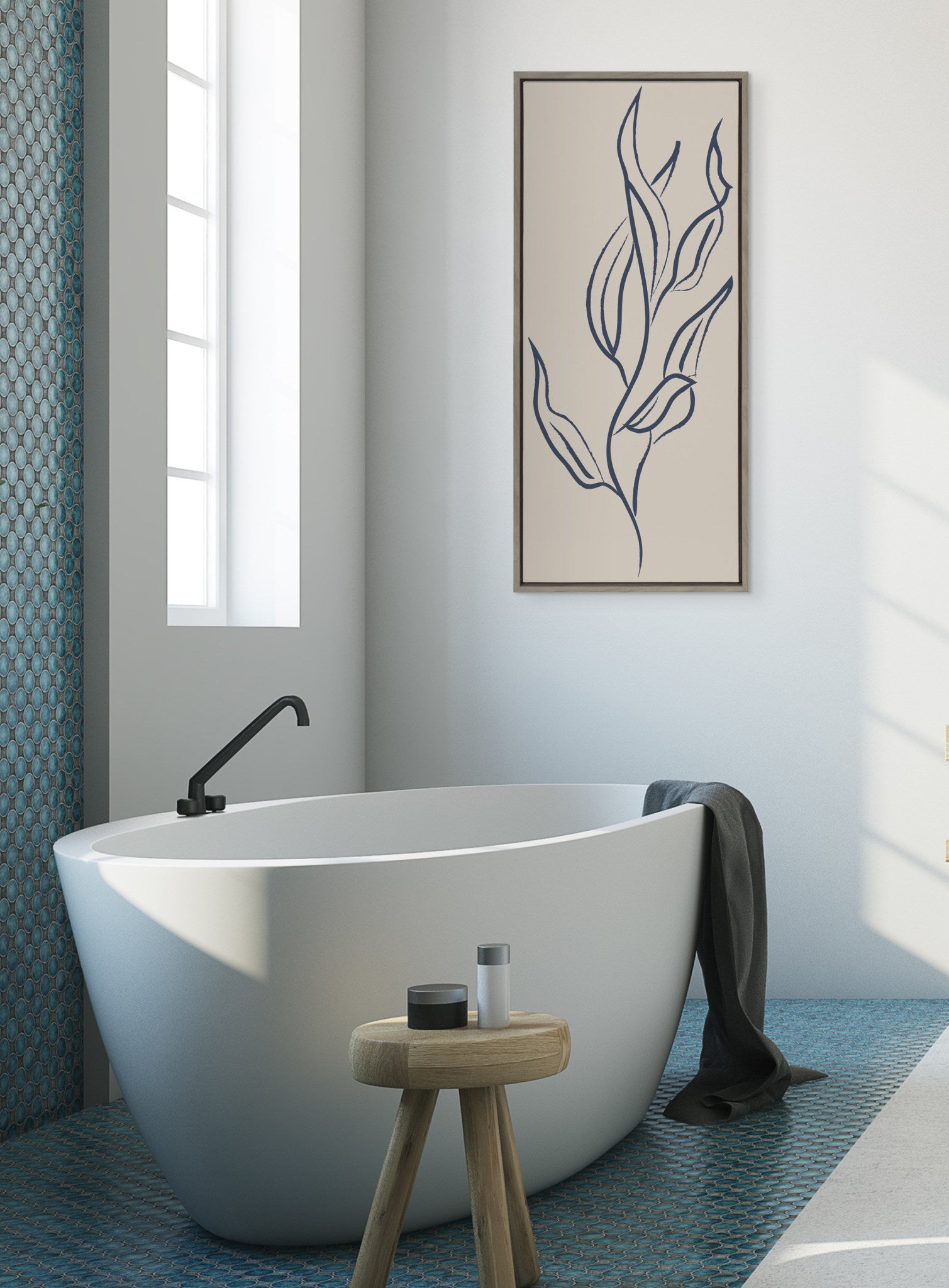 Sylvie Muted Illustrated Botanical Dark Blue and Tan Framed Canvas by The Creative Bunch Studio