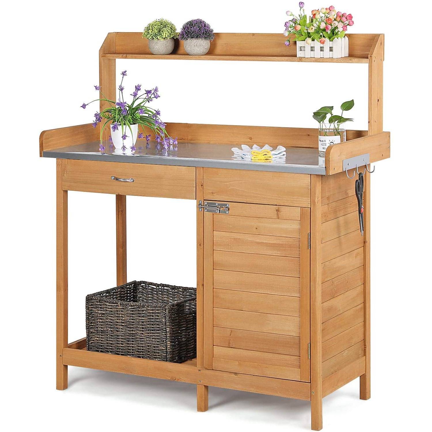 Natural Fir Wood Potting Bench with Galvanized Steel Table Top-1