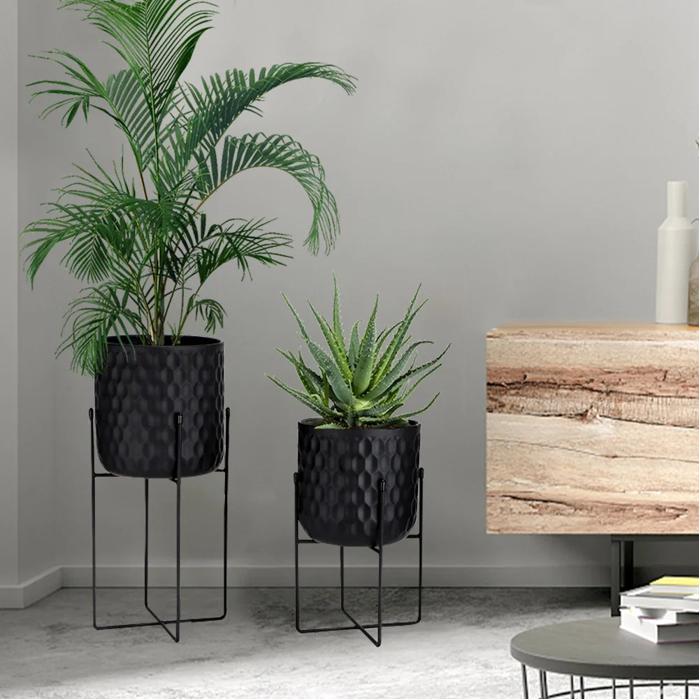 Set of 2 12"&18" H Tall Metal Flower Pot With Stand (Black)