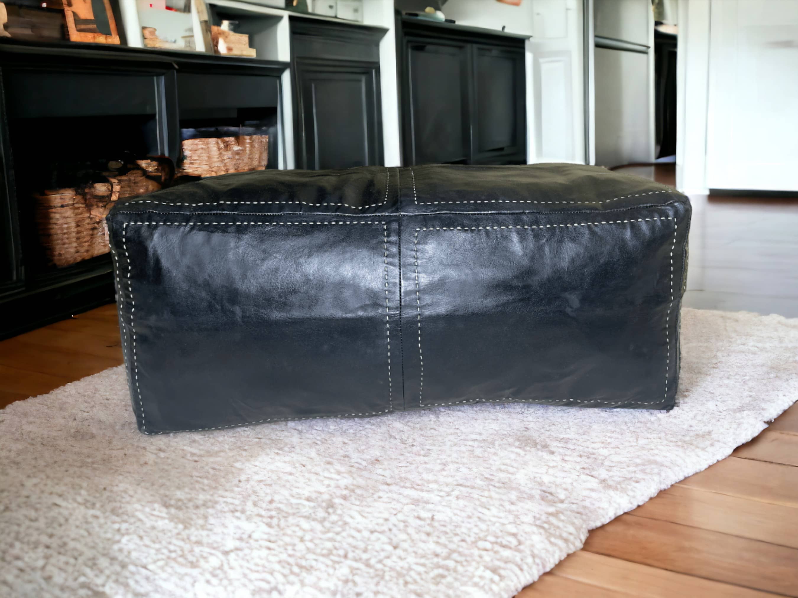 Authentic Moroccan Black Leather Poufs: Handcrafted Elegance by Artisans-0