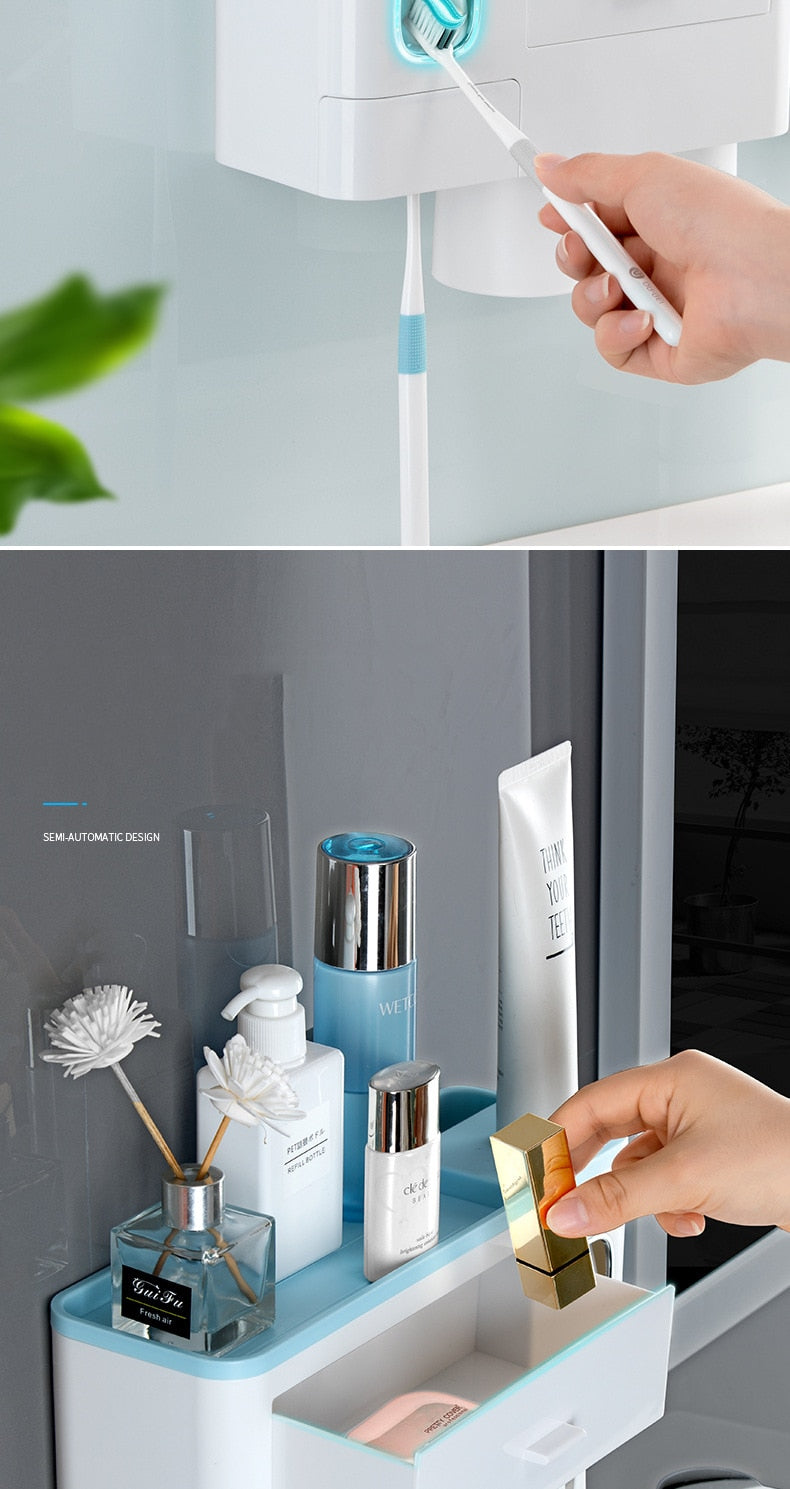 3 Color Bathroom Accessories Toothbrush Holder Automatic Toothpaste Dispenser Holder Wall Mount Rack Storage For Bathroom Home-3