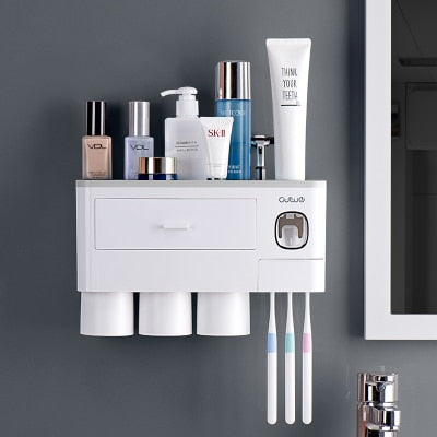 3 Color Bathroom Accessories Toothbrush Holder Automatic Toothpaste Dispenser Holder Wall Mount Rack Storage For Bathroom Home-8