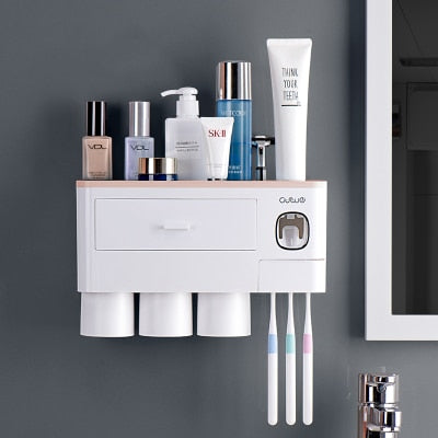 3 Color Bathroom Accessories Toothbrush Holder Automatic Toothpaste Dispenser Holder Wall Mount Rack Storage For Bathroom Home-10