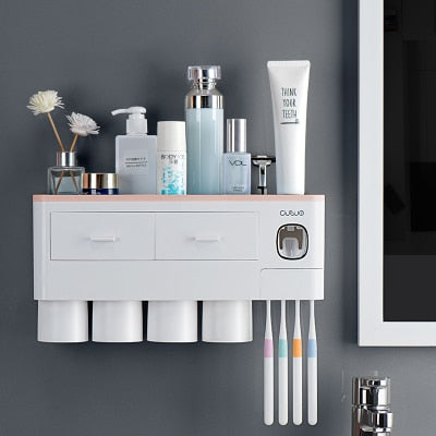 3 Color Bathroom Accessories Toothbrush Holder Automatic Toothpaste Dispenser Holder Wall Mount Rack Storage For Bathroom Home-12