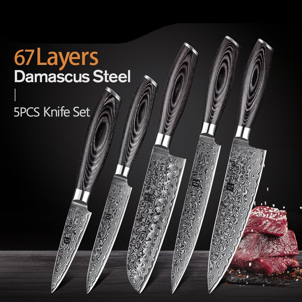 5 PCS Kitchen Knives Set 67 Layers VG 10 Japan Damascus Steel Chef Cleaver Santoku Utility Paring Knife Pakkawood Handle-0