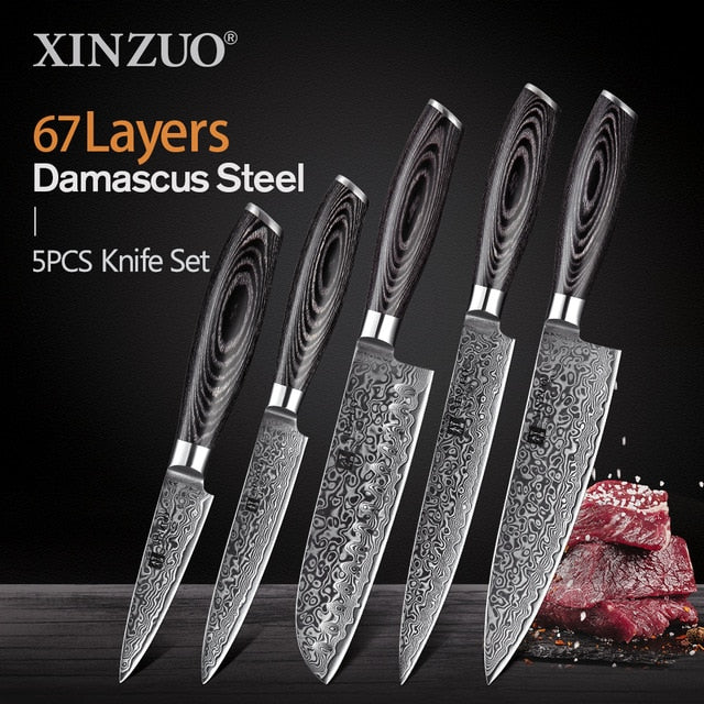 5 PCS Kitchen Knives Set 67 Layers VG 10 Japan Damascus Steel Chef Cleaver Santoku Utility Paring Knife Pakkawood Handle-9