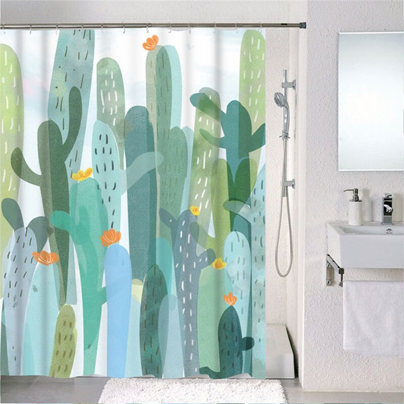 Forest Nordic Style Shower Curtains Set With Hooks Green Tropical Plants Leaf Cactus Bathroom Polyester Waterproof  Frabic-0