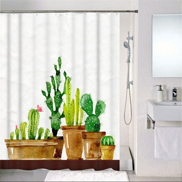 Forest Nordic Style Shower Curtains Set With Hooks Green Tropical Plants Leaf Cactus Bathroom Polyester Waterproof  Frabic-9