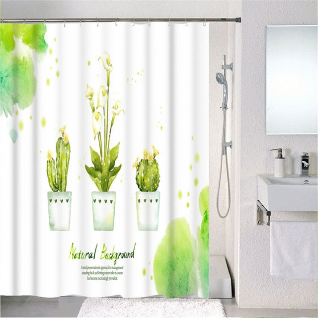 Forest Nordic Style Shower Curtains Set With Hooks Green Tropical Plants Leaf Cactus Bathroom Polyester Waterproof  Frabic-1