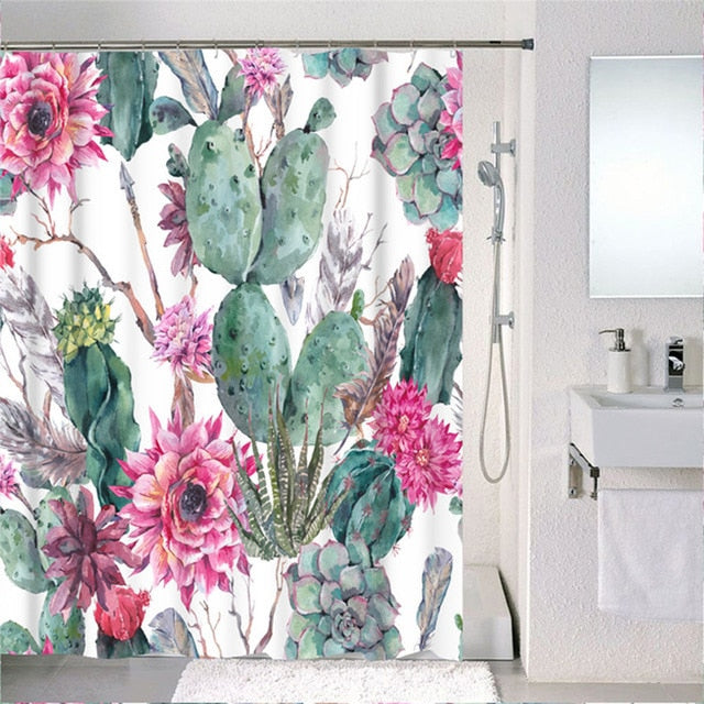 Forest Nordic Style Shower Curtains Set With Hooks Green Tropical Plants Leaf Cactus Bathroom Polyester Waterproof  Frabic-12