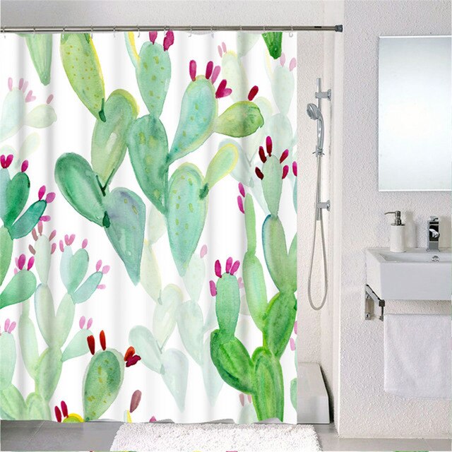 Forest Nordic Style Shower Curtains Set With Hooks Green Tropical Plants Leaf Cactus Bathroom Polyester Waterproof  Frabic-14