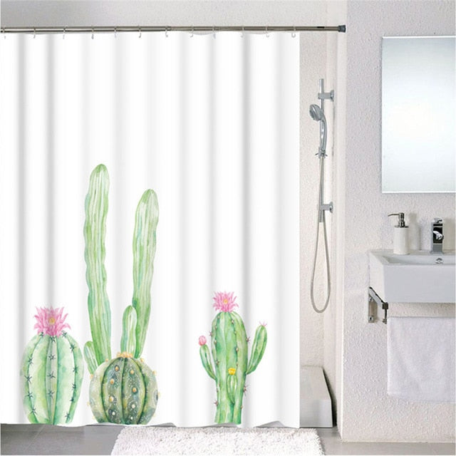 Forest Nordic Style Shower Curtains Set With Hooks Green Tropical Plants Leaf Cactus Bathroom Polyester Waterproof  Frabic-7