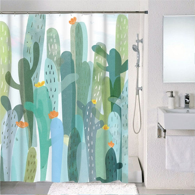 Forest Nordic Style Shower Curtains Set With Hooks Green Tropical Plants Leaf Cactus Bathroom Polyester Waterproof  Frabic-3