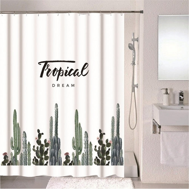 Forest Nordic Style Shower Curtains Set With Hooks Green Tropical Plants Leaf Cactus Bathroom Polyester Waterproof  Frabic-8