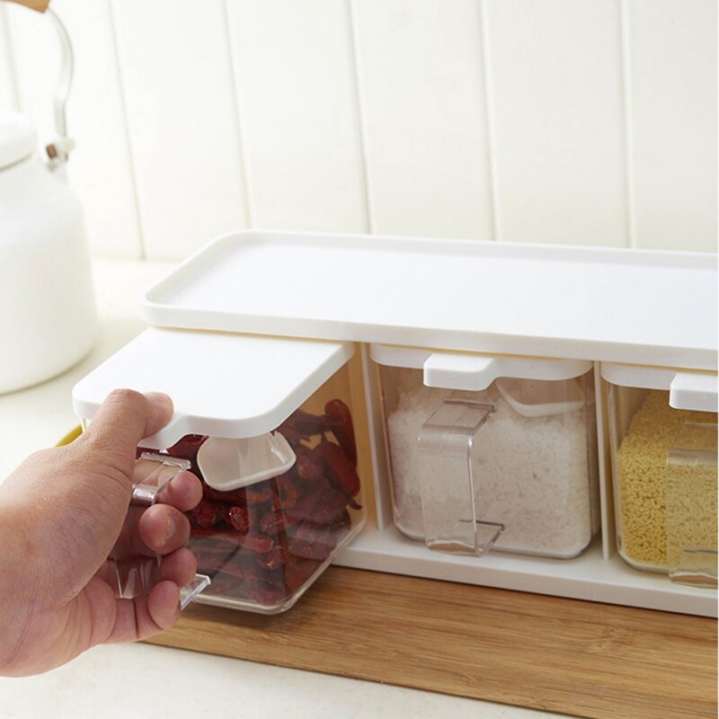 3 Grids Spoon Kitchen With Lid Container Seasoning Box Herb Spices Storage Condiment Jar Cooking Seasoning Box Pattern Random 1-0