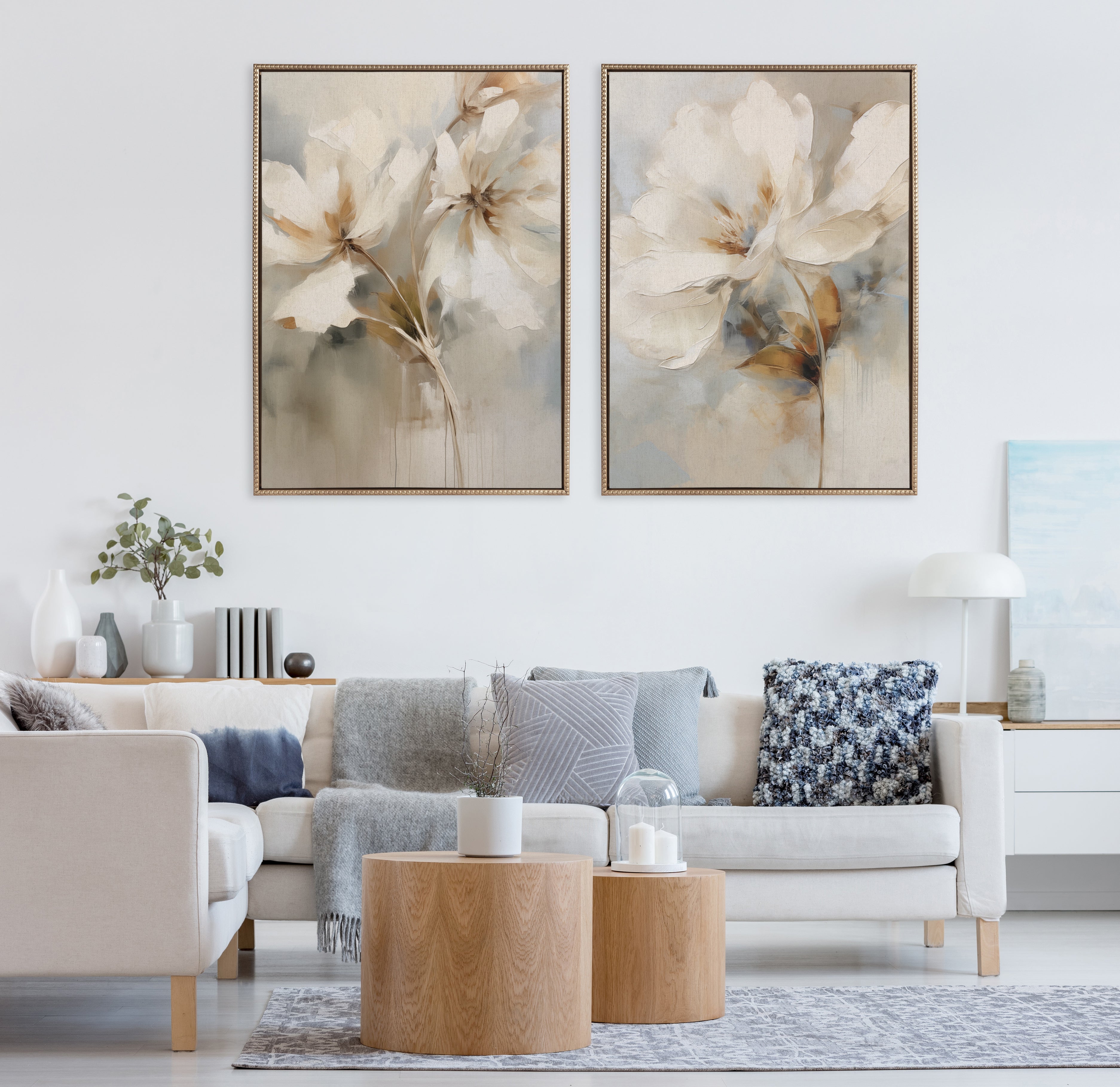 Sylvie Beaded Abstract Botanical Floral Linen Painting 1 and 2 Framed Canvas Art Set by The Creative Bunch Studio