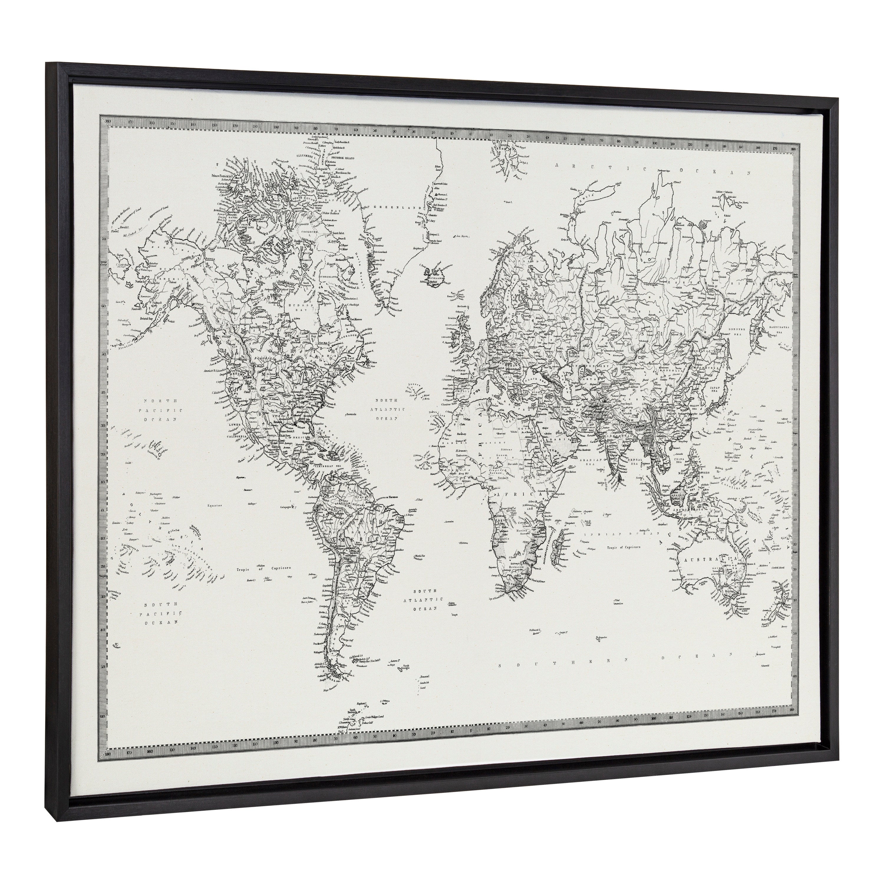 Sylvie Vintage Black and White World Map Framed Canvas by The Creative Bunch Studio