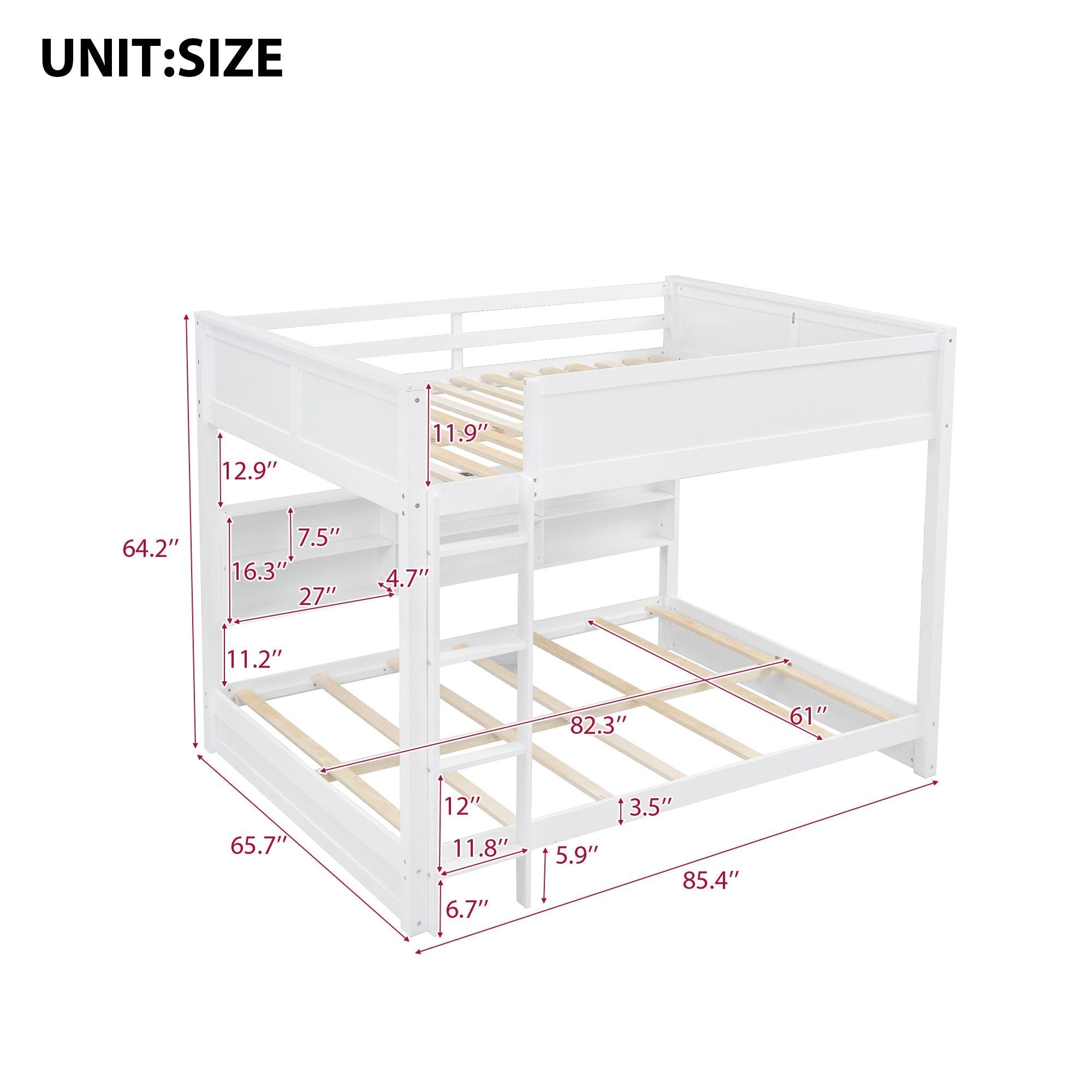 Queen Over Queen Wood Bunk Bed with Storage Cabinets and USB Ports, White | Just Better Bunk Beds