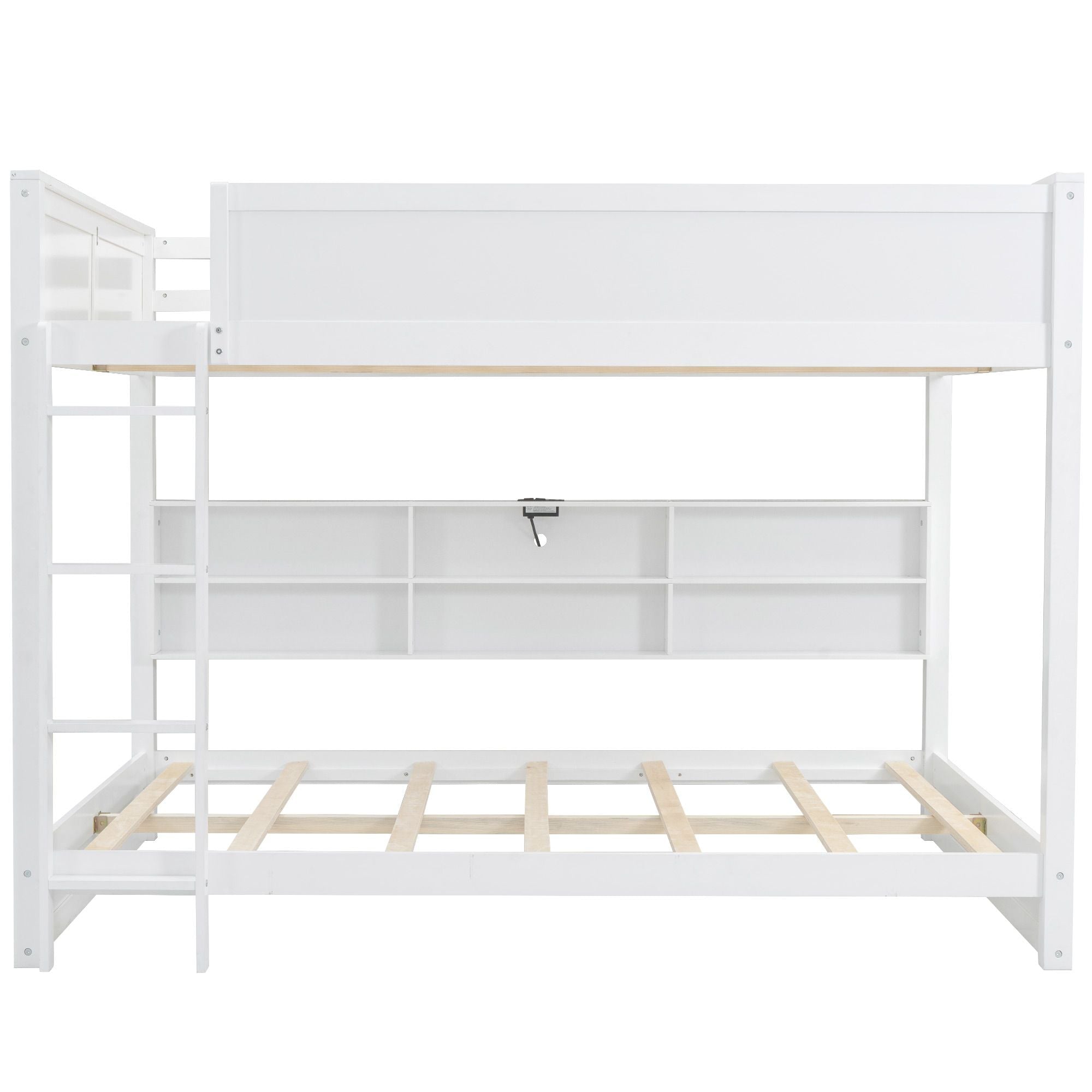 Queen Over Queen Wood Bunk Bed with Storage Cabinets and USB Ports, White | Just Better Bunk Beds