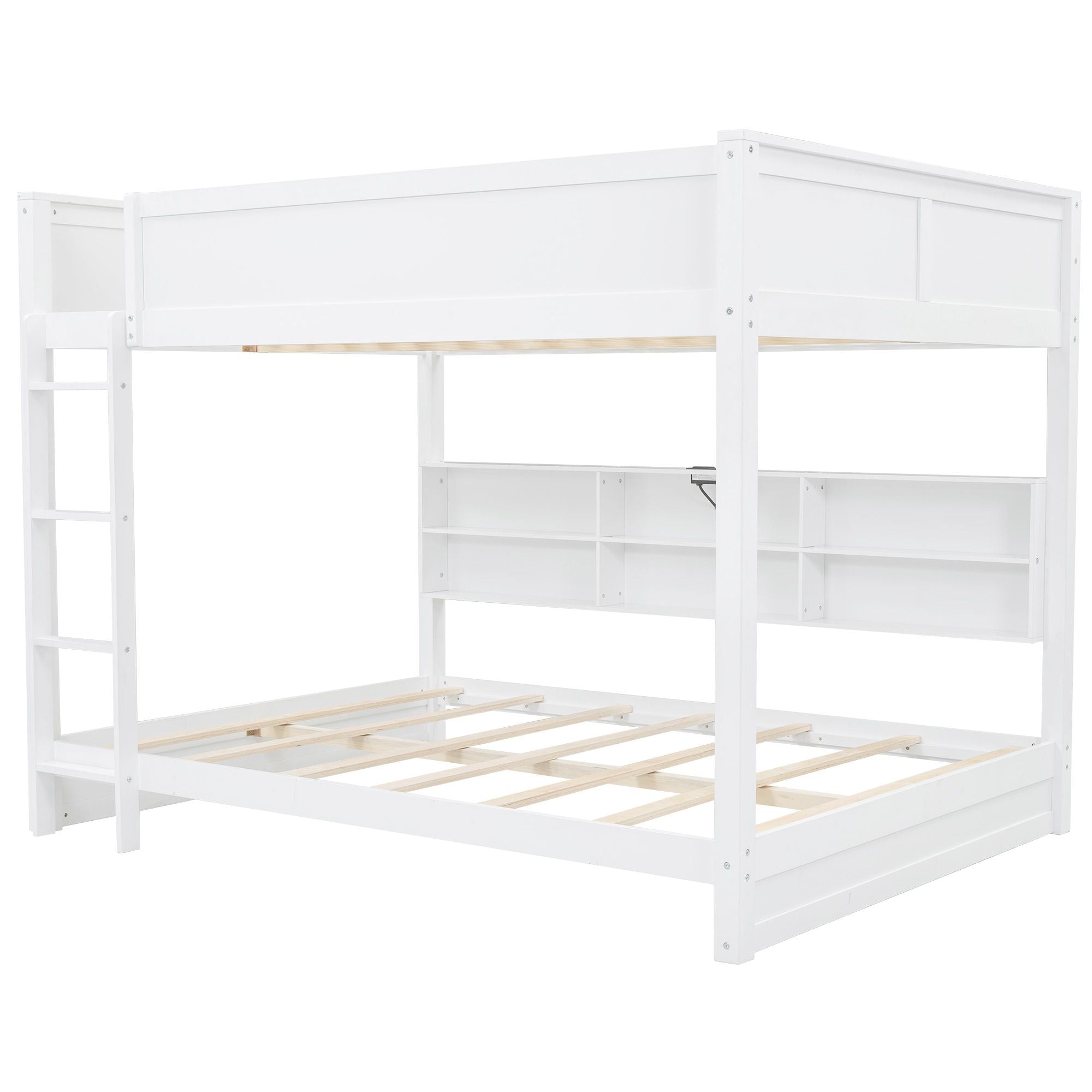 Queen Over Queen Wood Bunk Bed with Storage Cabinets and USB Ports, White | Just Better Bunk Beds