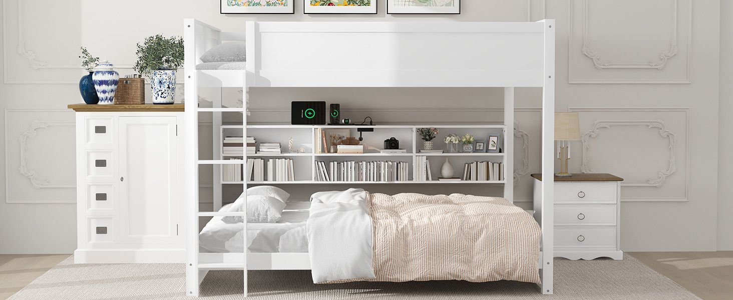Queen Over Queen Wood Bunk Bed with Storage Cabinets and USB Ports, White | Just Better Bunk Beds