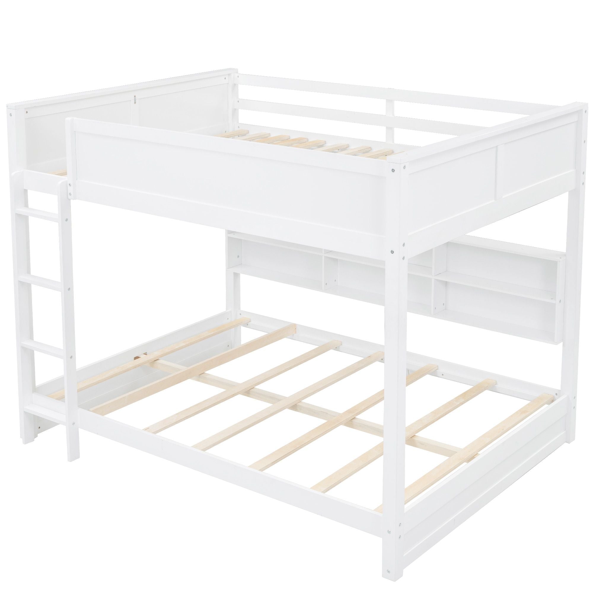 Queen Over Queen Wood Bunk Bed with Storage Cabinets and USB Ports, White | Just Better Bunk Beds
