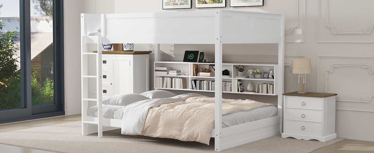 Queen Over Queen Wood Bunk Bed with Storage Cabinets and USB Ports, White | Just Better Bunk Beds