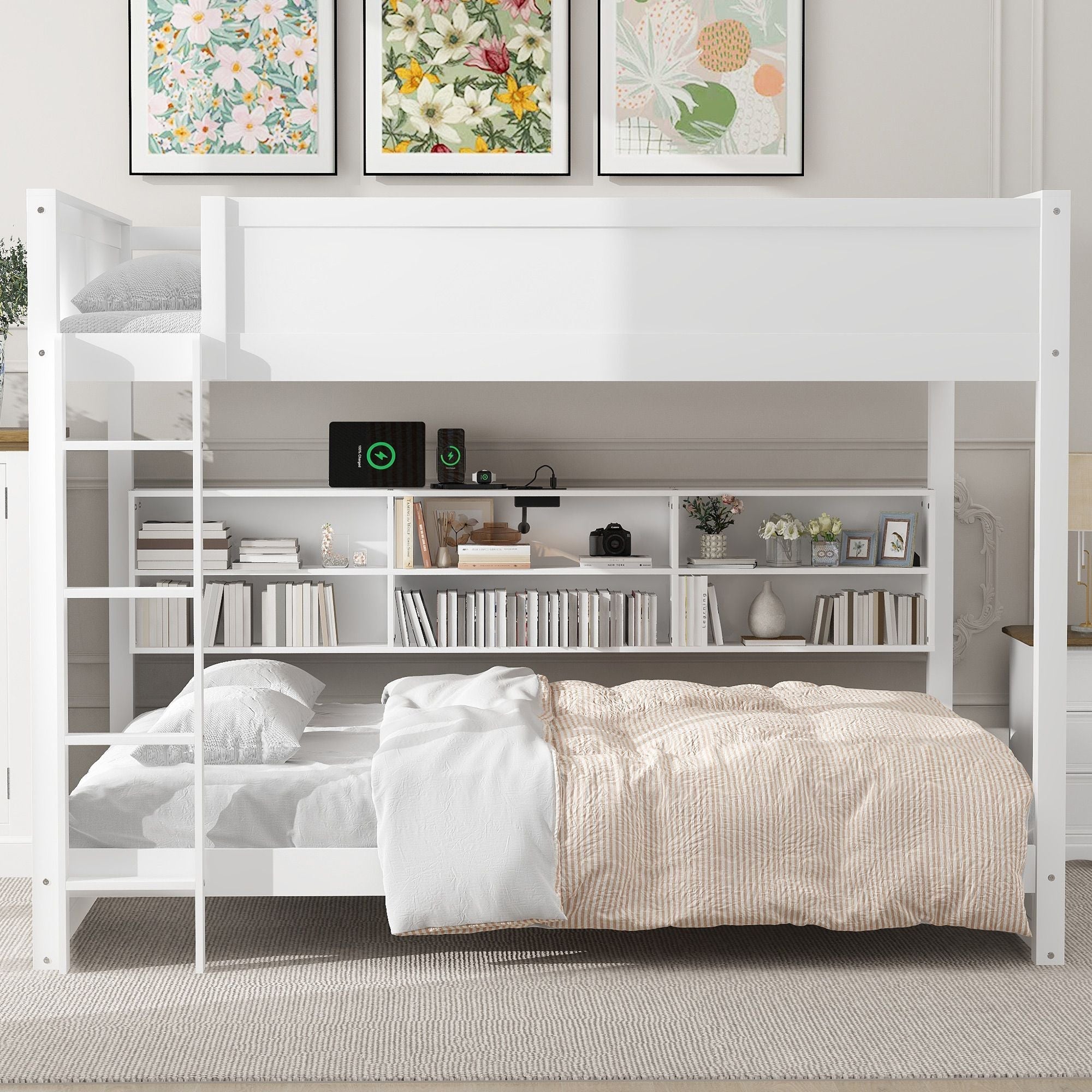 Queen Over Queen Wood Bunk Bed with Storage Cabinets and USB Ports, White | Just Better Bunk Beds