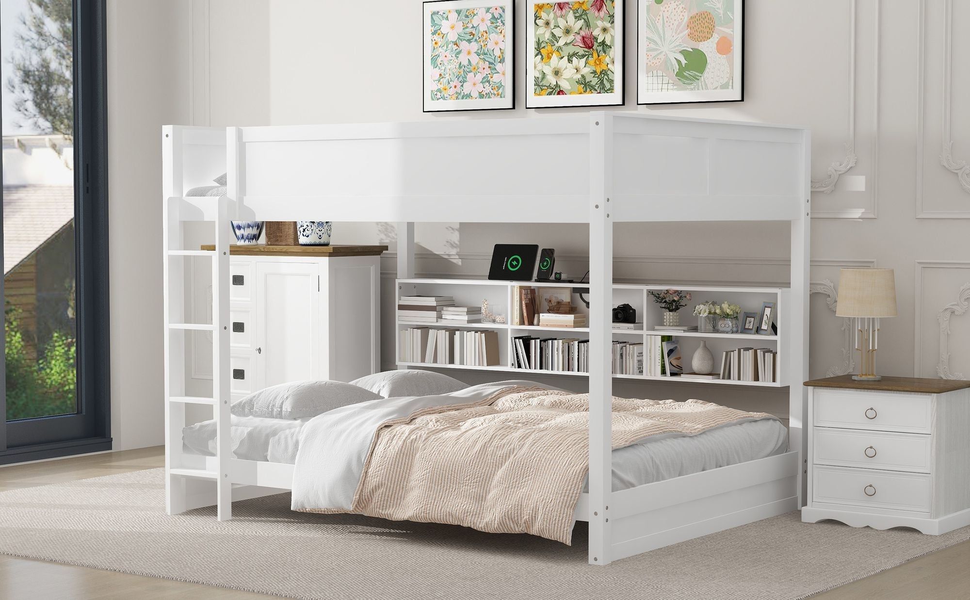 Queen Over Queen Wood Bunk Bed with Storage Cabinets and USB Ports, White | Just Better Bunk Beds