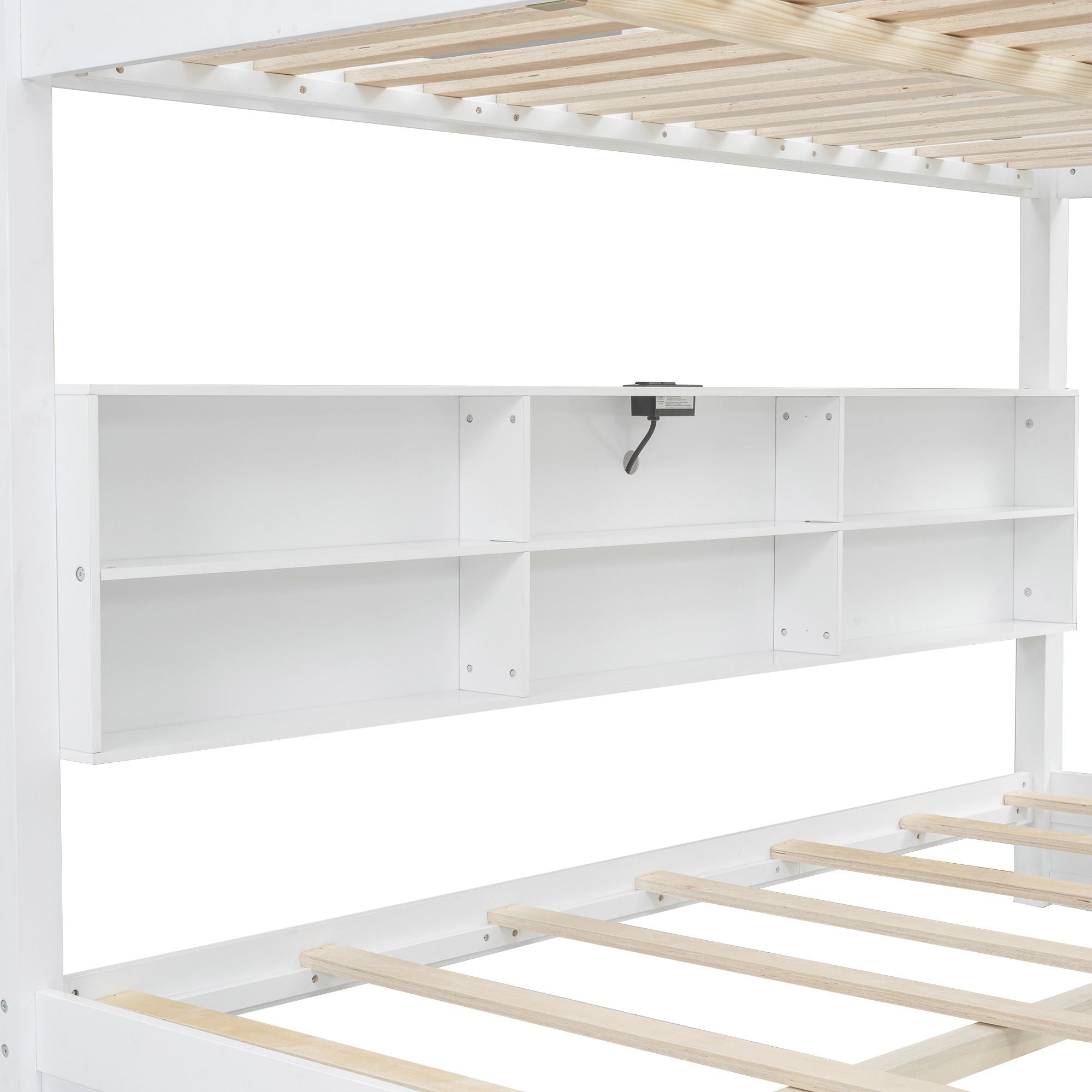 Queen Over Queen Wood Bunk Bed with Storage Cabinets and USB Ports, White | Just Better Bunk Beds