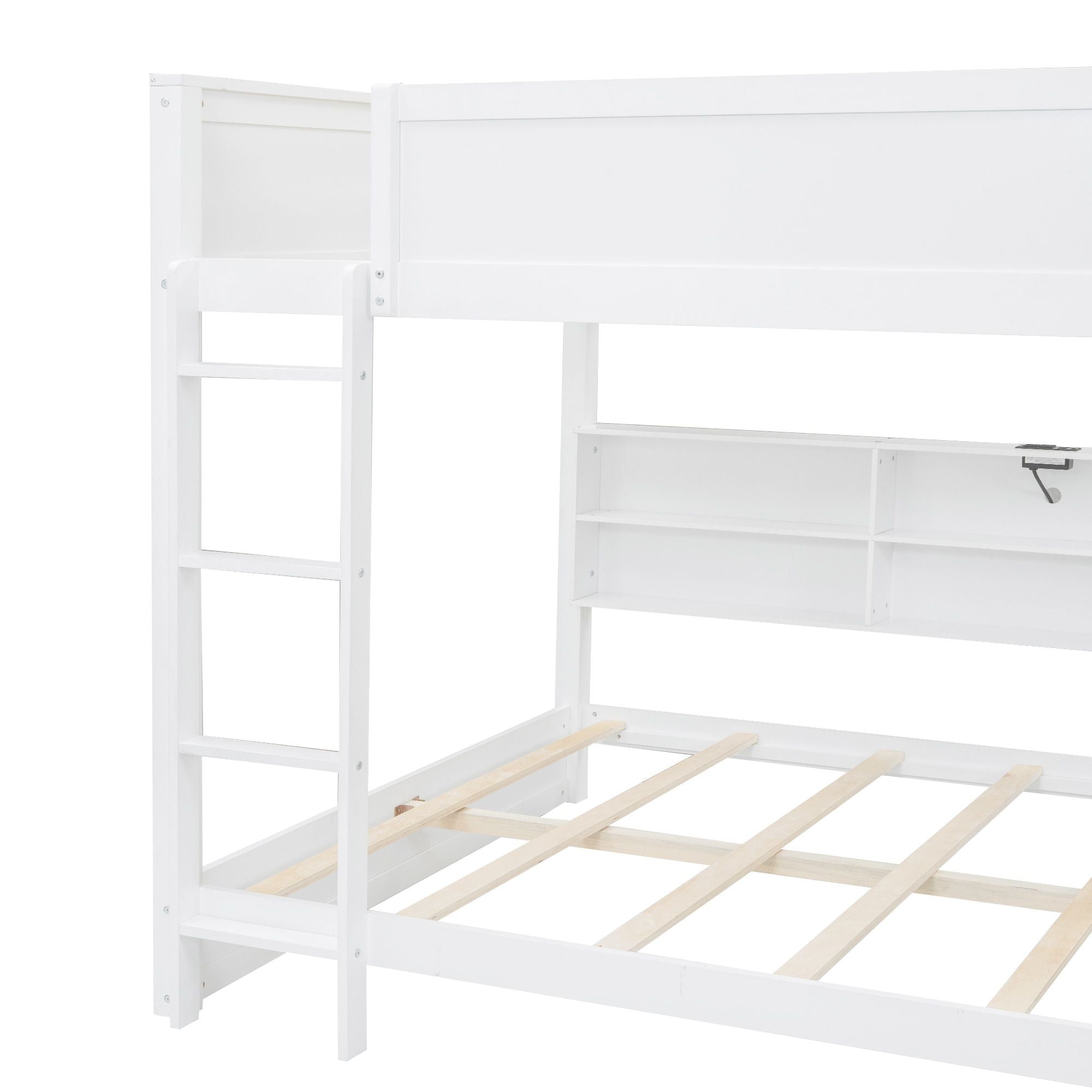 Queen Over Queen Wood Bunk Bed with Storage Cabinets and USB Ports, White | Just Better Bunk Beds