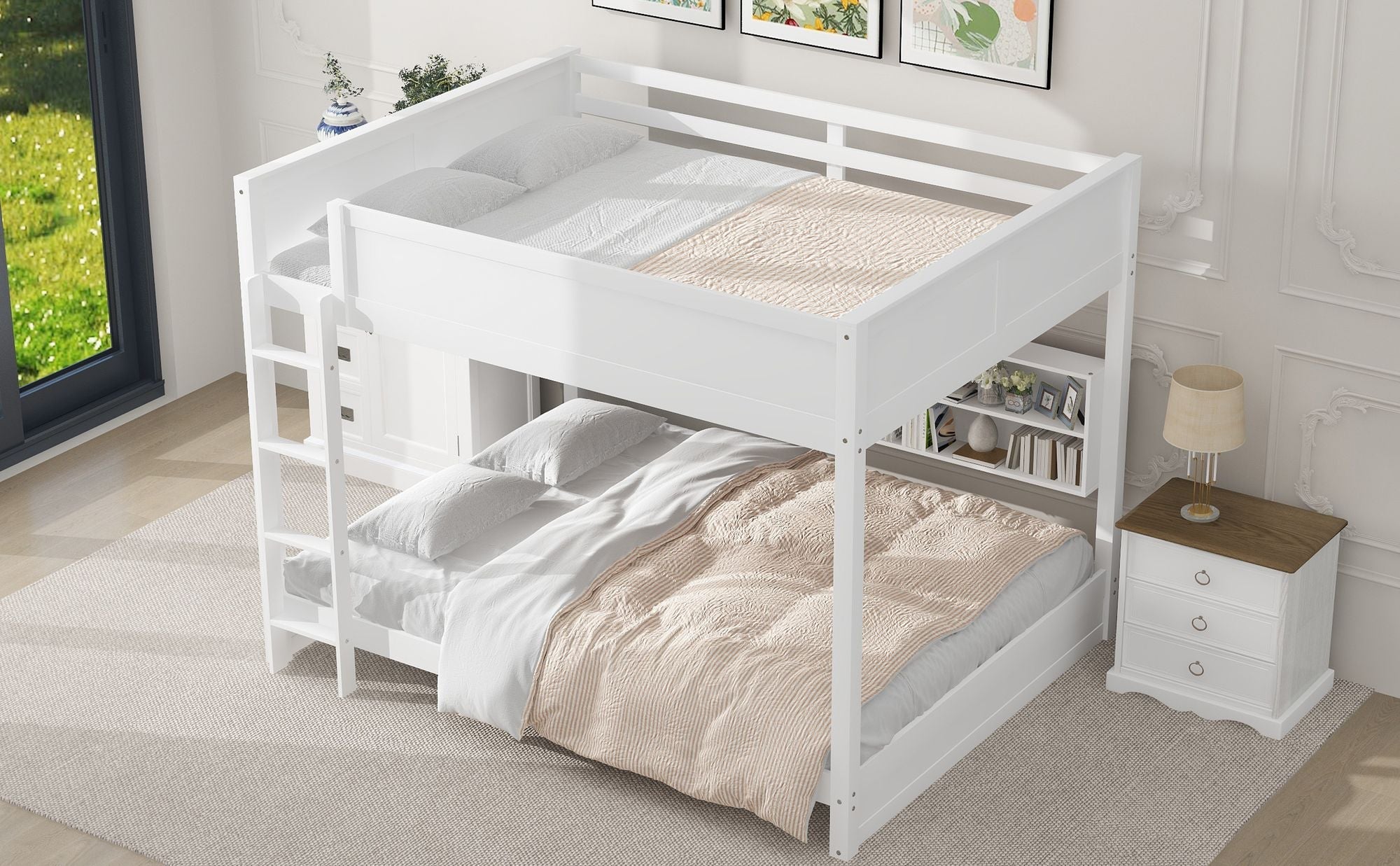 Queen Over Queen Wood Bunk Bed with Storage Cabinets and USB Ports, White | Just Better Bunk Beds