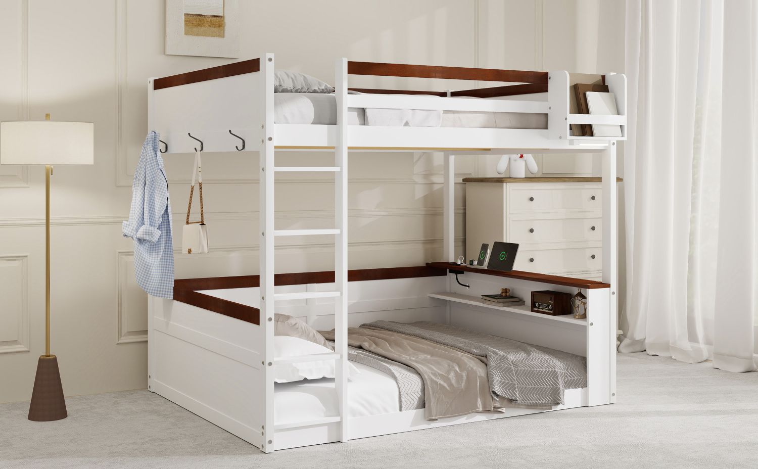 Queen Over Queen Wooden Bunk Bed with Built-in Shelves, Storage Box, LED Light, and USB Charging Station White | Just Better Bunk Beds