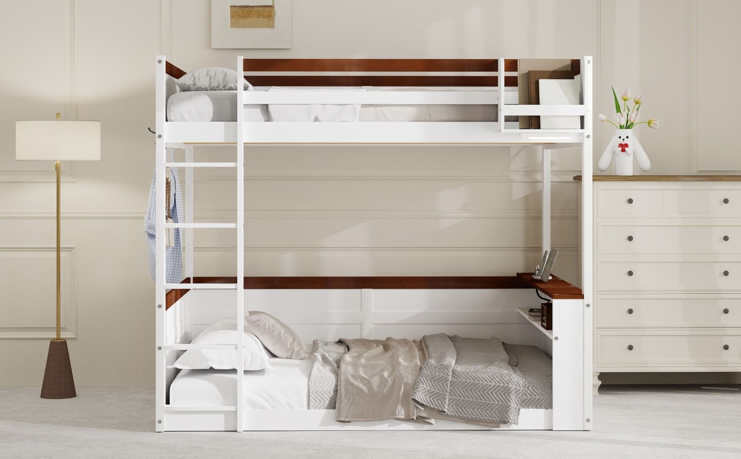 Queen Over Queen Wooden Bunk Bed with Built-in Shelves, Storage Box, LED Light, and USB Charging Station White | Just Better Bunk Beds