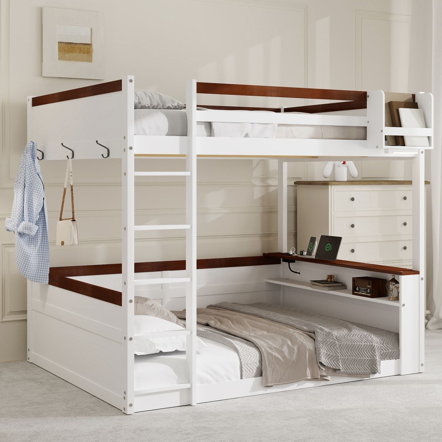 Queen Over Queen Wooden Bunk Bed with Built-in Shelves, Storage Box, LED Light, and USB Charging Station White | Just Better Bunk Beds