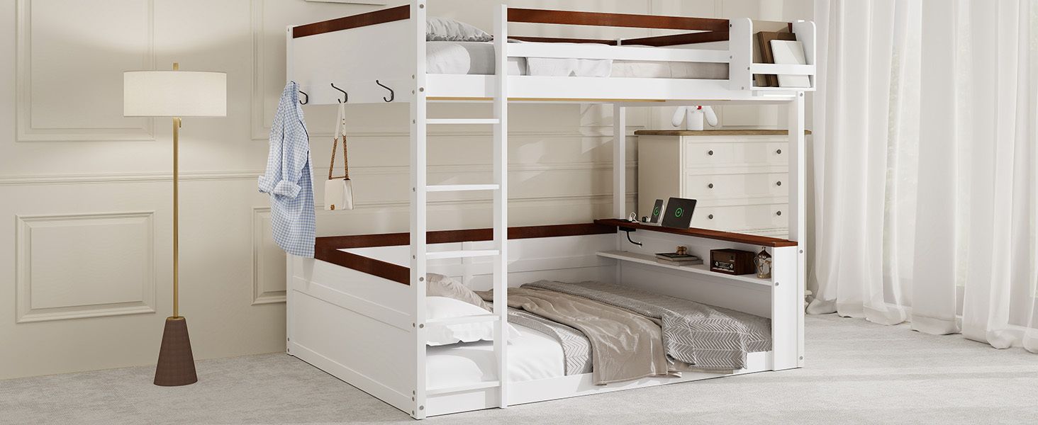 Queen Over Queen Wooden Bunk Bed with Built-in Shelves, Storage Box, LED Light, and USB Charging Station White | Just Better Bunk Beds