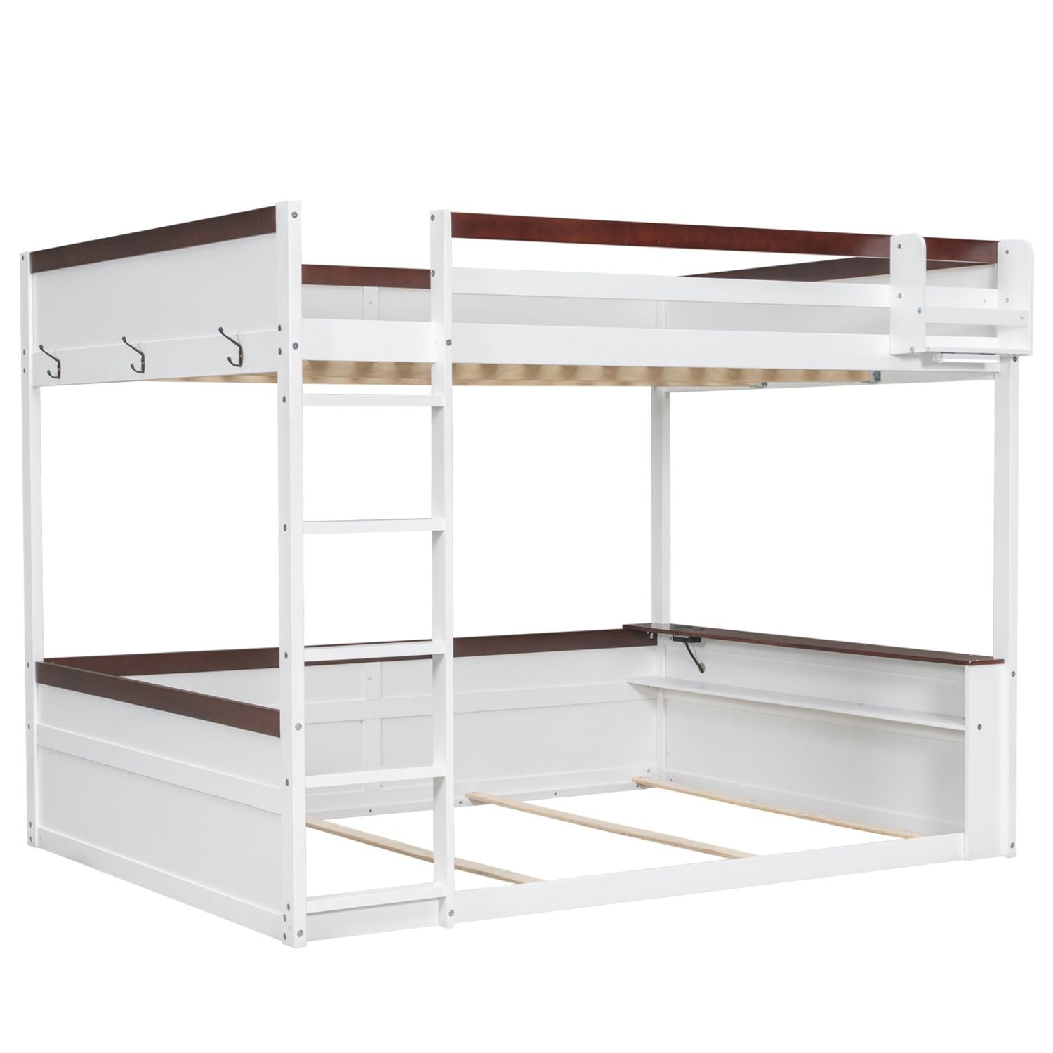 Queen Over Queen Wooden Bunk Bed with Built-in Shelves, Storage Box, LED Light, and USB Charging Station White | Just Better Bunk Beds