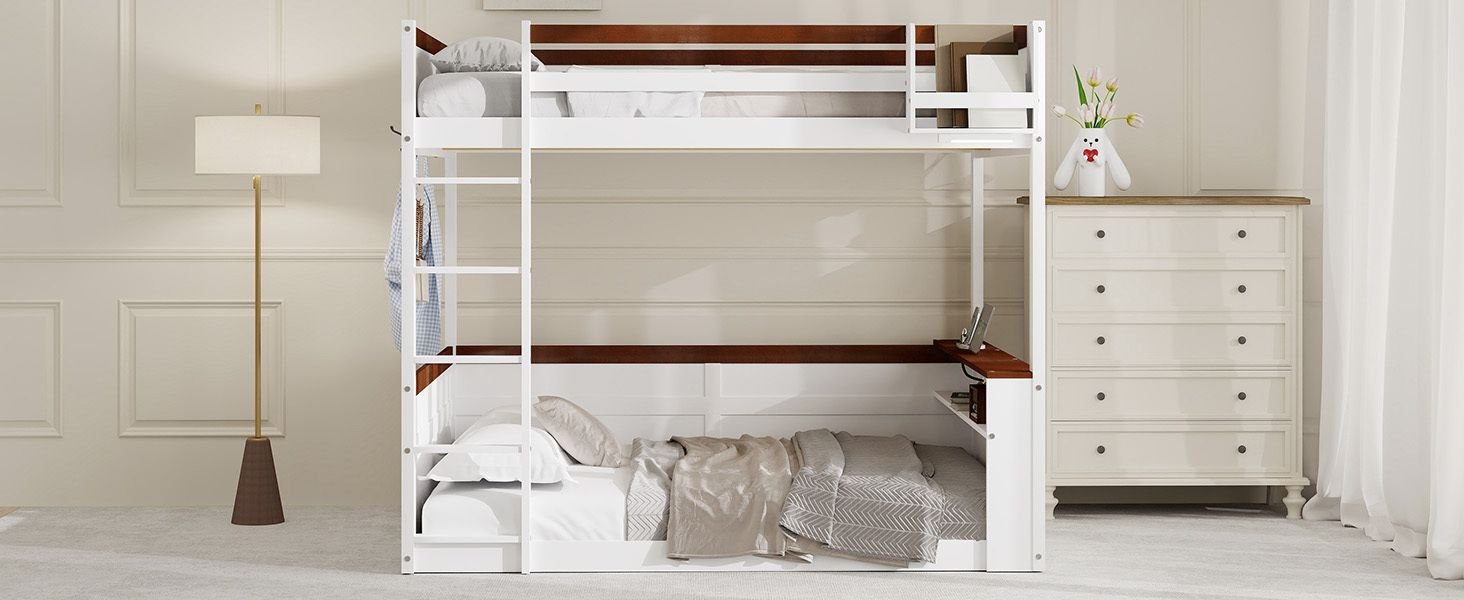 Queen Over Queen Wooden Bunk Bed with Built-in Shelves, Storage Box, LED Light, and USB Charging Station White | Just Better Bunk Beds
