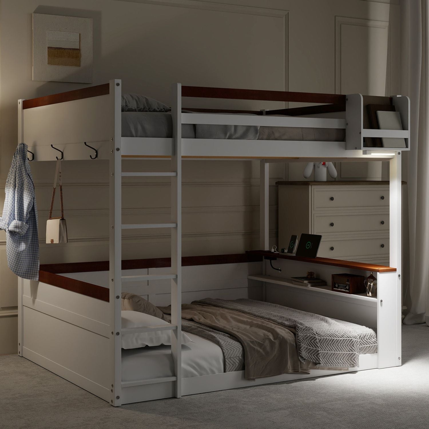 Queen Over Queen Wooden Bunk Bed with Built-in Shelves, Storage Box, LED Light, and USB Charging Station White | Just Better Bunk Beds