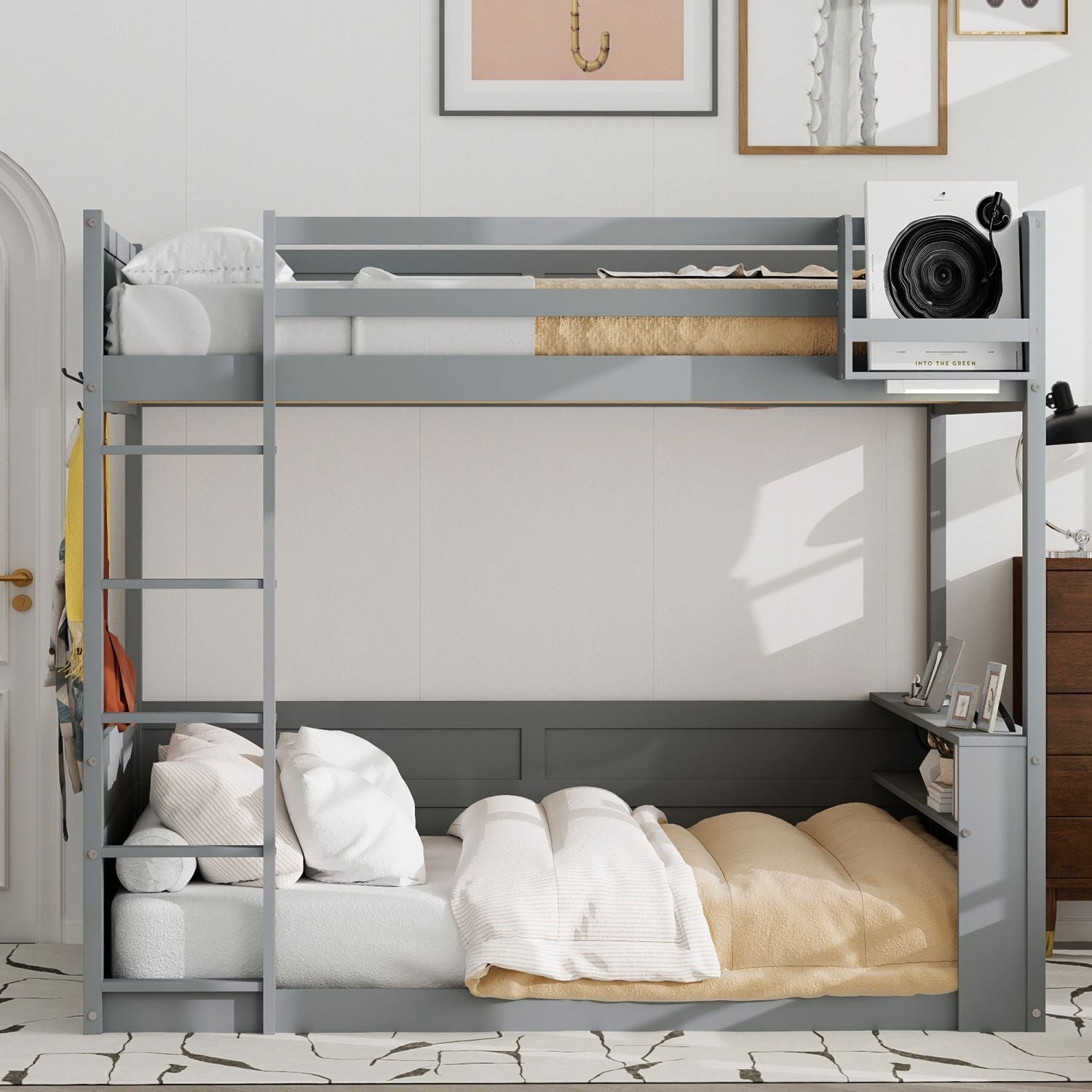 Queen Size Wood Bunk Bed with Built-in Shelves, Storage Box, LED Light, USB Charging, Gray | Just Better Bunk Beds