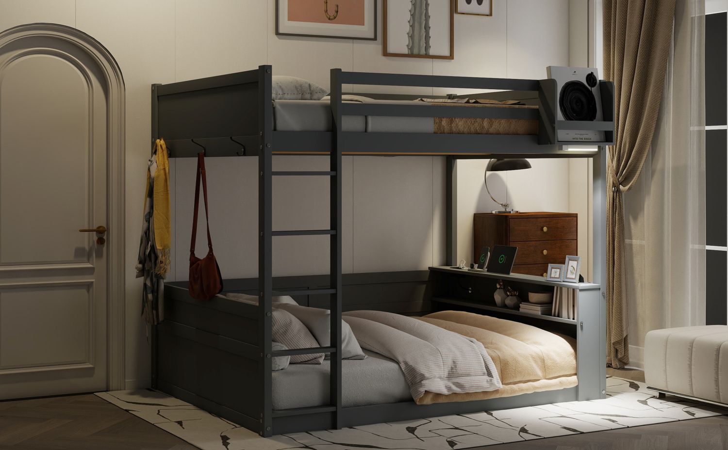 Queen Size Wood Bunk Bed with Built-in Shelves, Storage Box, LED Light, USB Charging, Gray | Just Better Bunk Beds