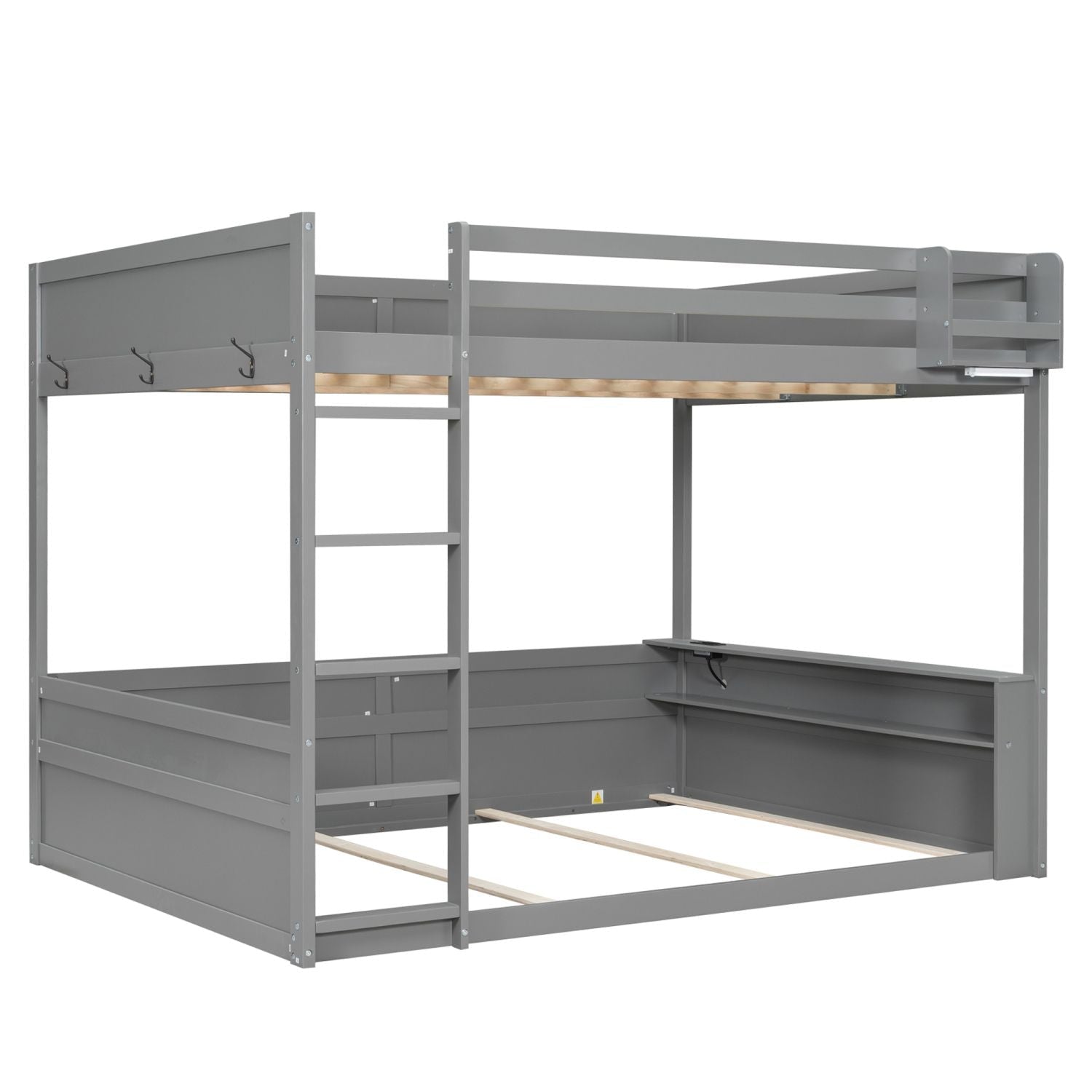 Queen Size Wood Bunk Bed with Built-in Shelves, Storage Box, LED Light, USB Charging, Gray | Just Better Bunk Beds