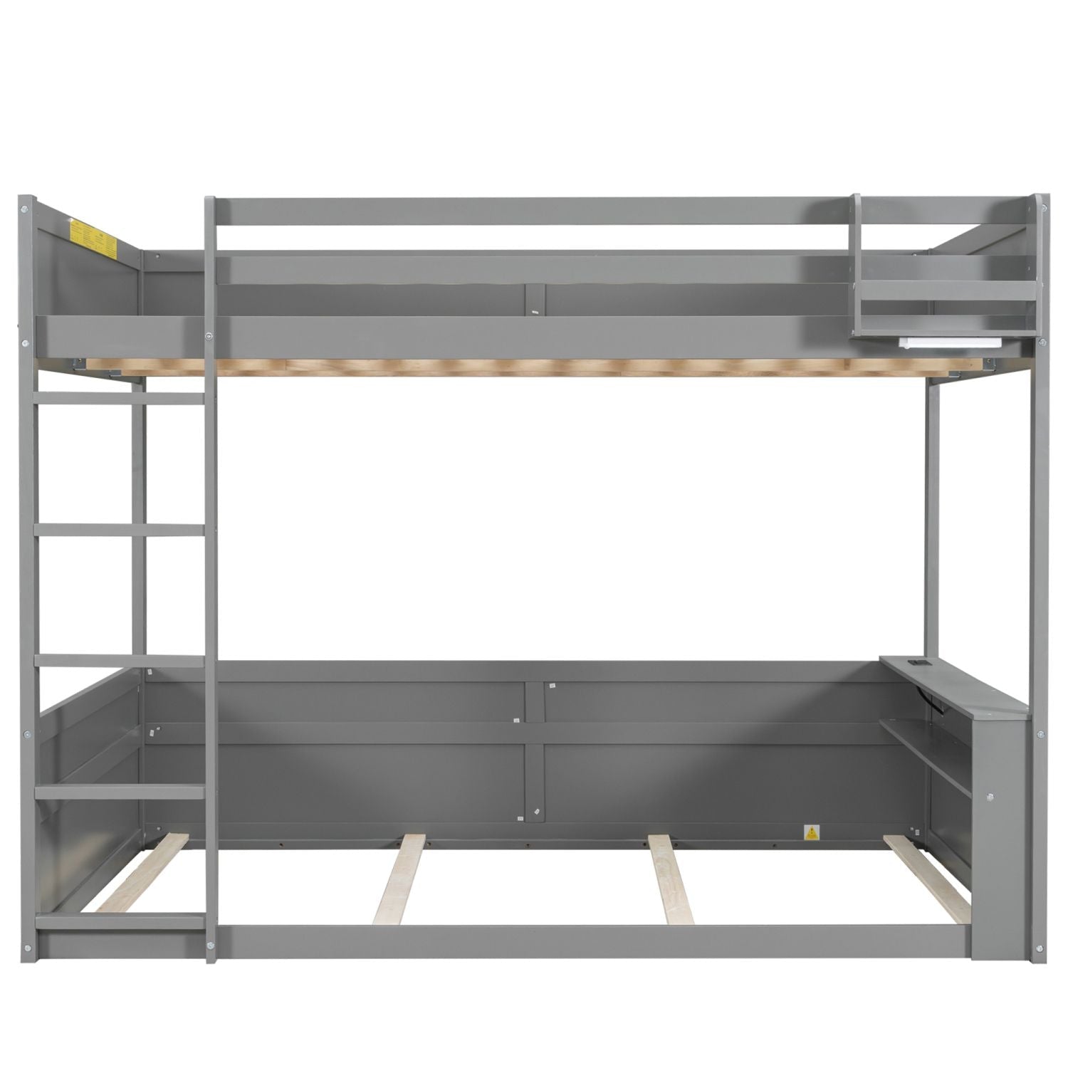 Queen Size Wood Bunk Bed with Built-in Shelves, Storage Box, LED Light, USB Charging, Gray | Just Better Bunk Beds