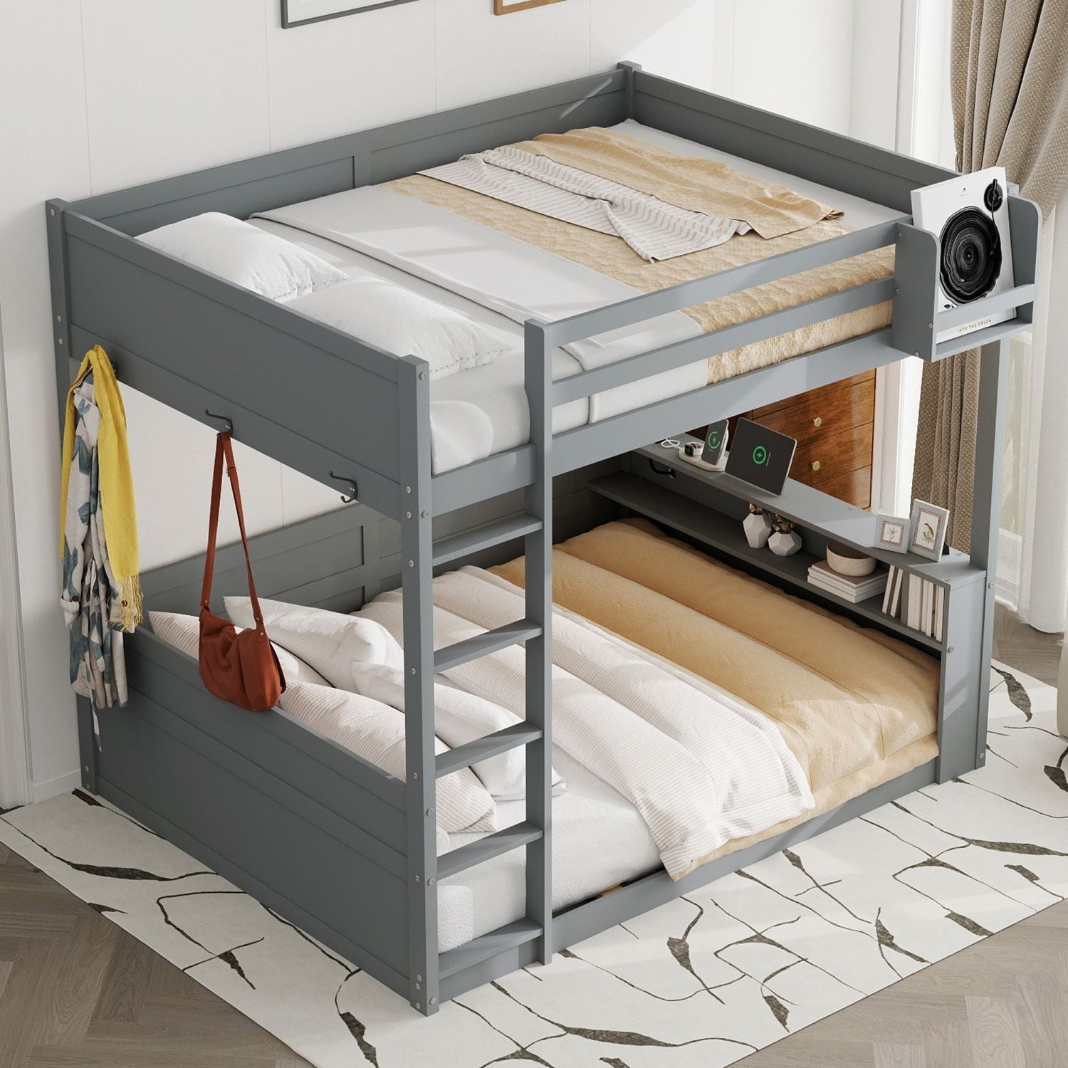 Queen Size Wood Bunk Bed with Built-in Shelves, Storage Box, LED Light, USB Charging, Gray | Just Better Bunk Beds