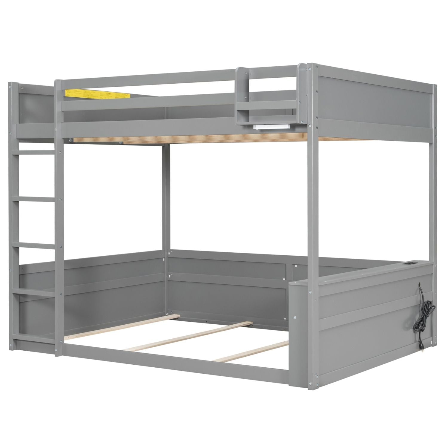 Queen Size Wood Bunk Bed with Built-in Shelves, Storage Box, LED Light, USB Charging, Gray | Just Better Bunk Beds