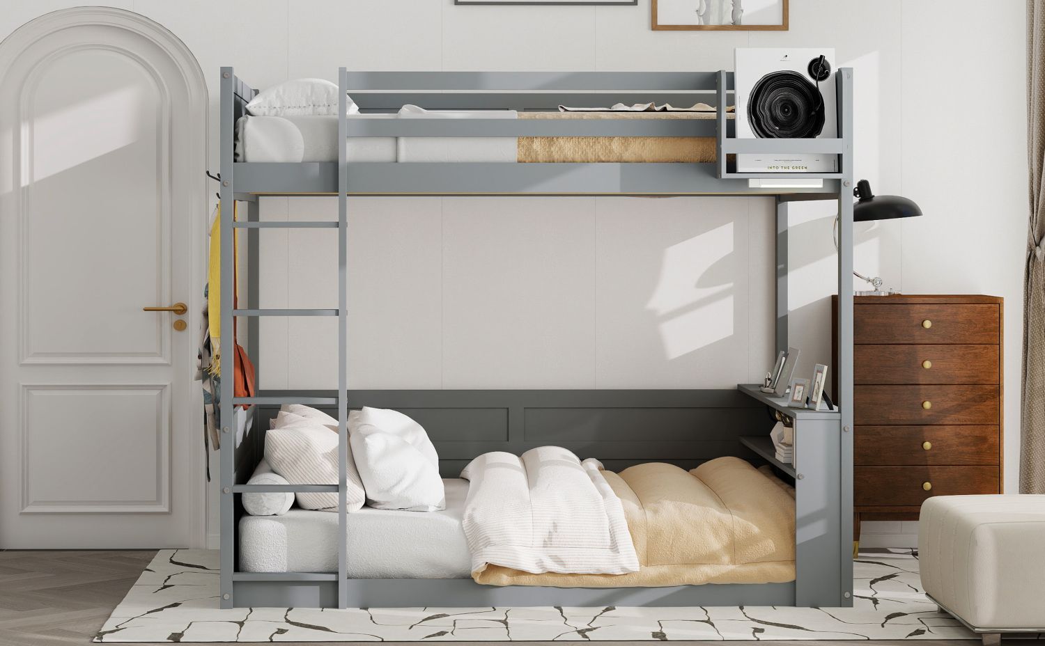 Queen Size Wood Bunk Bed with Built-in Shelves, Storage Box, LED Light, USB Charging, Gray | Just Better Bunk Beds