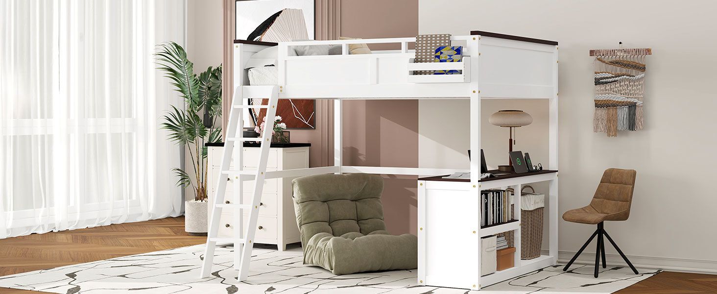 Queen Size Wood Loft Bed with Desk, Storage Box, USB Charging Station, White | Just Better Bunk Beds