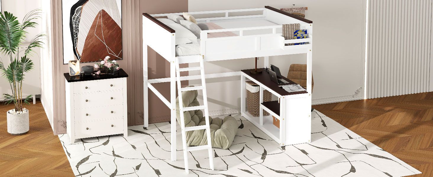 Queen Size Wood Loft Bed with Desk, Storage Box, USB Charging Station, White | Just Better Bunk Beds